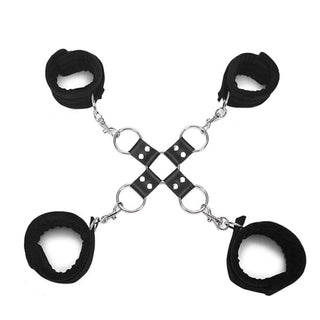 Check out an image of versatile black bed restraints with adjustable cuffs for heightened pleasure.