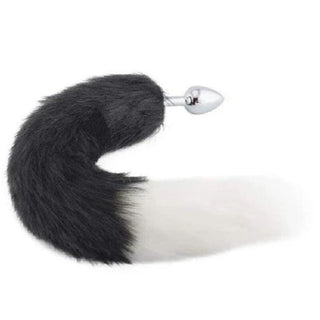 Take a look at an image of 18-Inch Black with White Fox Tail Plug Stainless Steel, showcasing sleek stainless steel plug with plush faux fur tail in striking black and white colors.