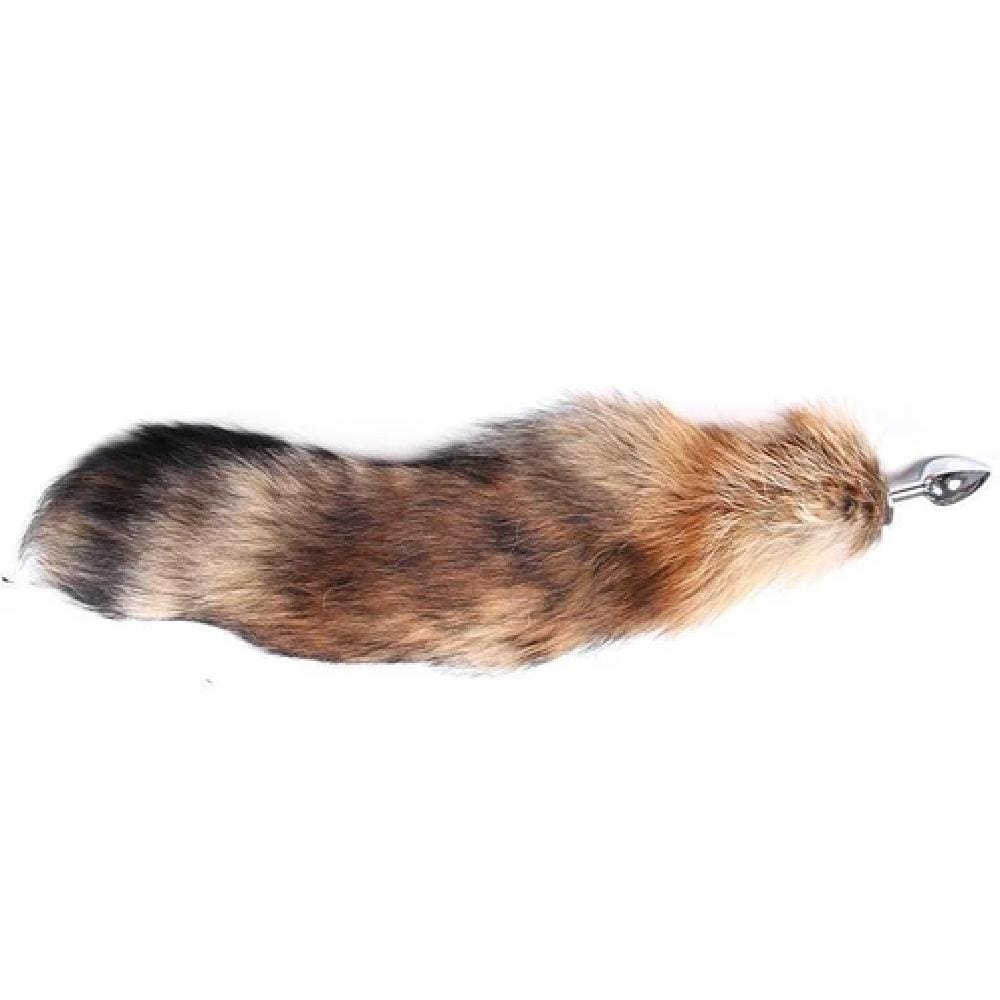 A 17 Brown Wolf Tail Stainless Steel Butt Plug with faux fur tail draping over thighs