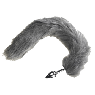 An image showcasing the sleek stainless steel plug and soft synthetic fur handle of Furry Gray Cat Tail Plug 16 Inches Long.