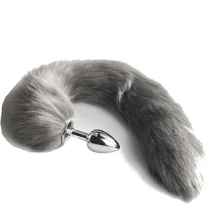 This image displays the unique design and temperature play capability of Furry Gray Cat Tail Plug 16 Inches Long.