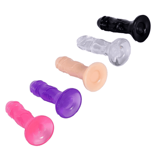 Presenting an image of colorful jelly-like realistic silicone 4.73 inch small dildo in clear color