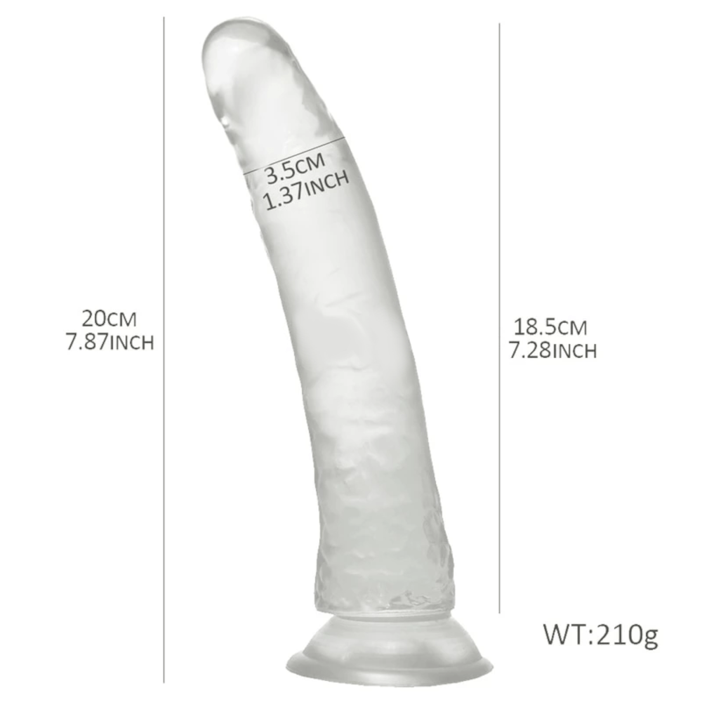 An image showcasing the Clear Dildo Realistic Jelly 7 Inch with a smooth round tip for G-spot or P-spot stimulation.