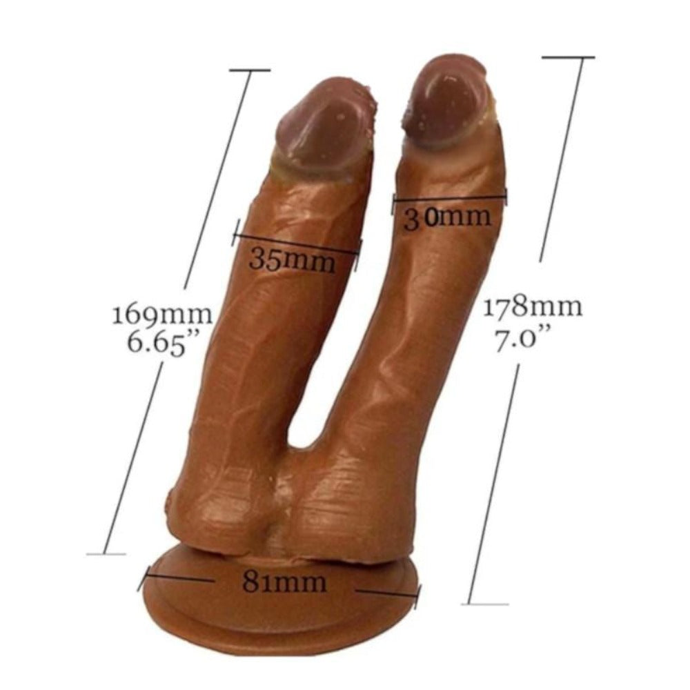 What you see is an image of Double Penetration Dildo Specifications - Detailed dimensions and colors of the toy.