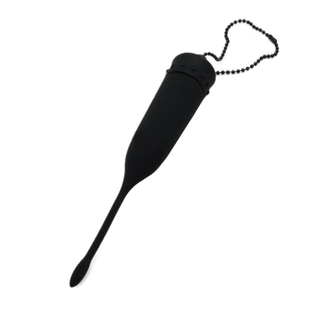 This is an image of Vibrating Black Urethral/Penis Plug, 6.30 inches in length, made of silicone for pleasurable experiences.