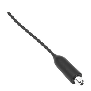 Take a look at an image of Deep Sensations Urethral Vibrating Penis Plug, a black silicone vibrating sound device designed for intense urethral stimulation.