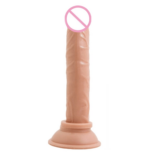 Beginners 5 Inch Long Thin Dildo With Suction Cup in flesh color, made of TPE material.