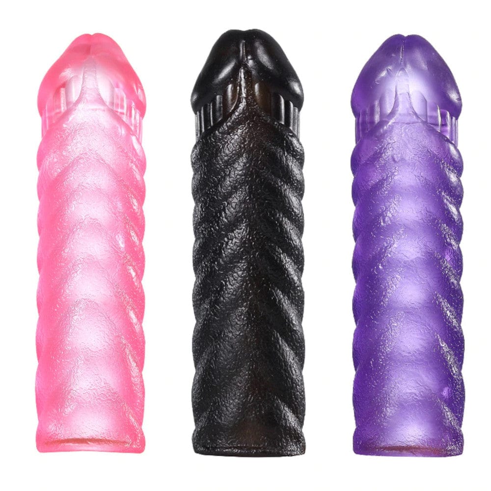 This is an image of Reusable Silicone Condom Extender, a pink silicone tool with ribbed body for heightened sensations.