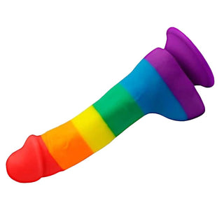 Feast your eyes on an image of a colorful 7 inch rainbow dildo with a suction cup for hands-free fun.