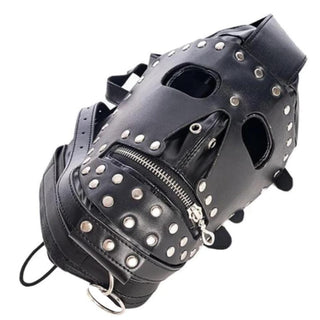 Displaying an image of Full Face Leather BDSM mask designed for sensory deprivation and comfort with easy cleaning routine.