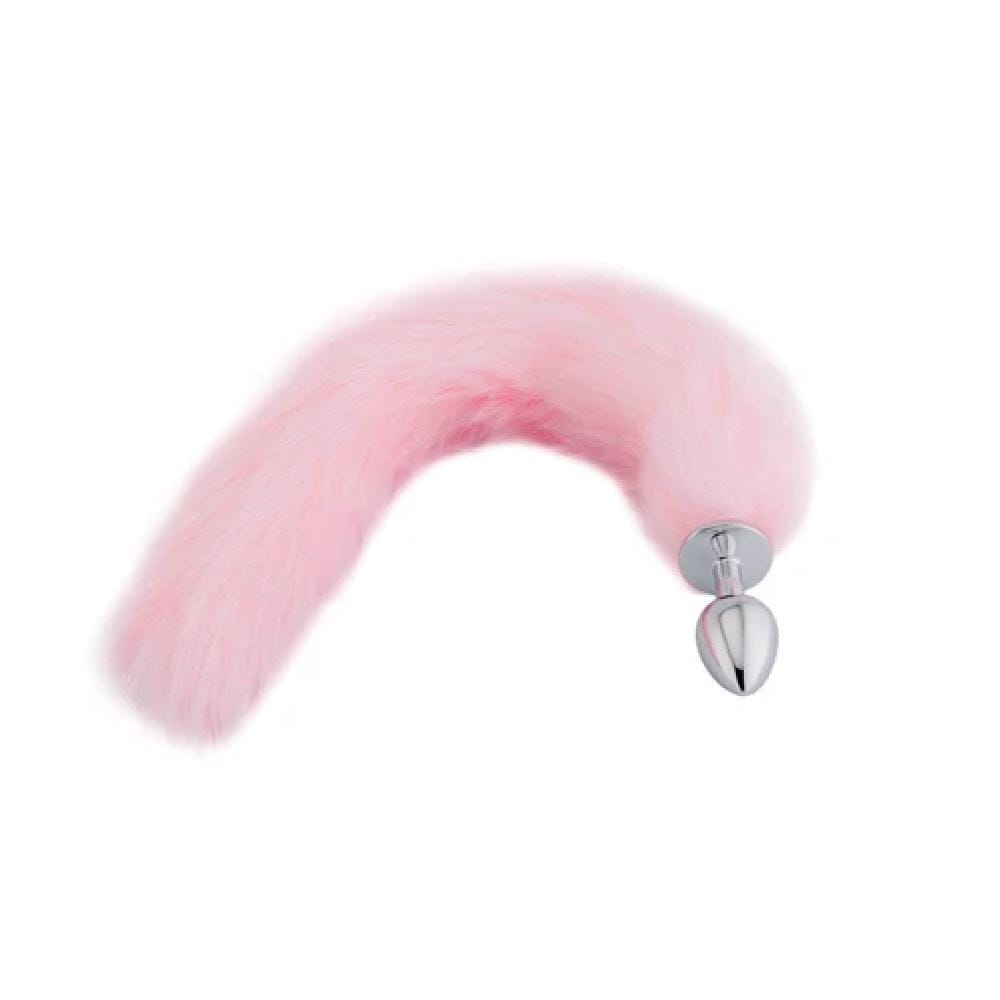 Stainless steel butt plug with 18-inch pink fox tail, a stimulating and visually appealing accessory.