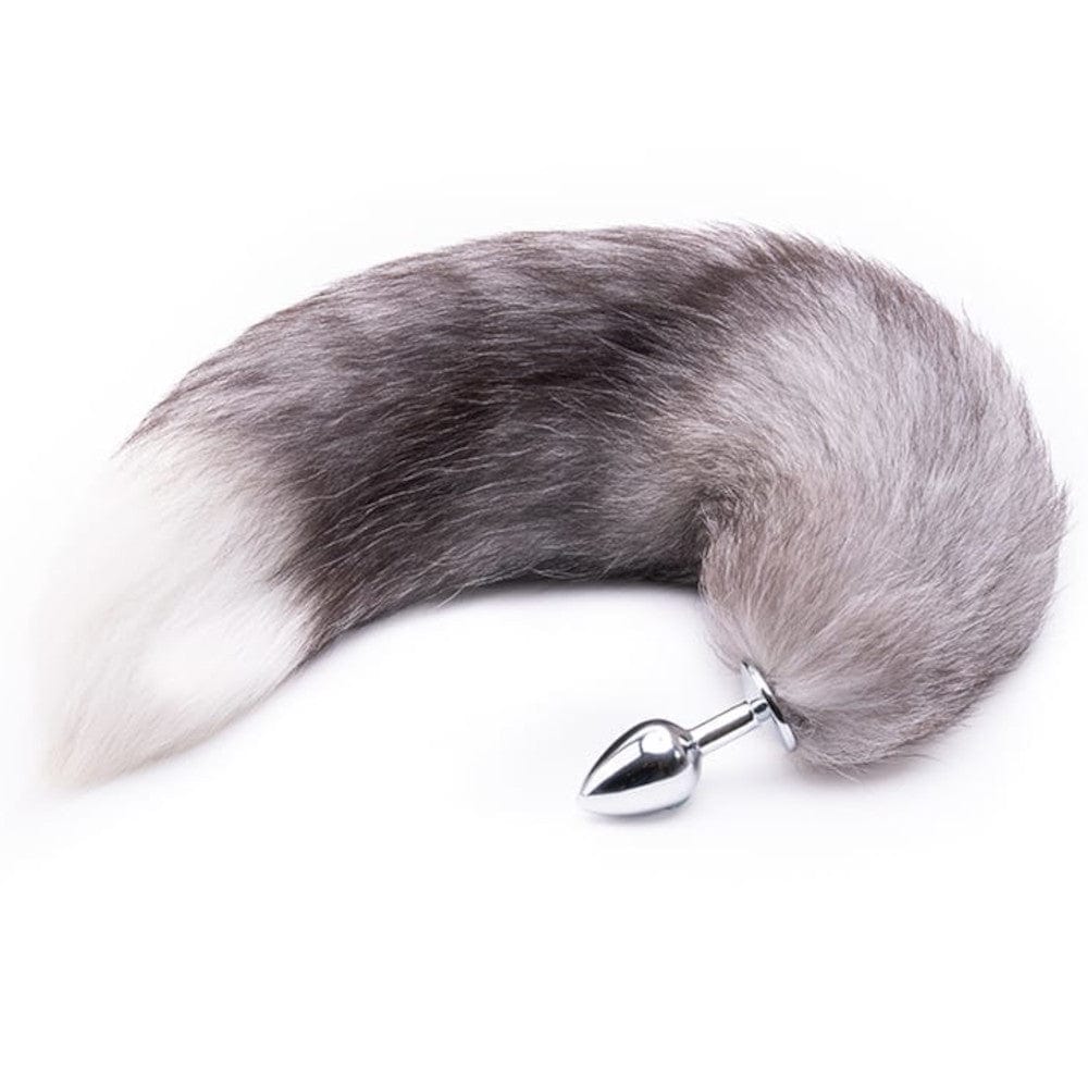 This is an image of Feisty Greyback Fox Tail Plug 16 Inches Long, emphasizing the smooth and body-safe experience provided by the waterproof silicone or stainless steel butt plug.