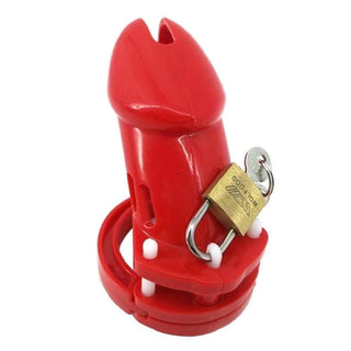 This is an image of a red plastic chastity cage with adjustable spacers