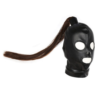 Check out an image of Leather Mask With Ponytail for sensory deprivation and erotic stimulation.