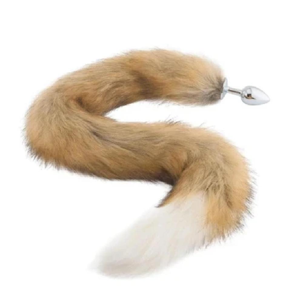This is an image of Stainless Steel Butt Plug With 32-Inch Brown and White Fox Tail, tailored for comfort and safety with stainless steel plug.