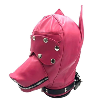 Sensory Deprivation Puppy Hood in Red with Detachable Eyepatch, Adjustable Muzzle, and D-ring for Leash