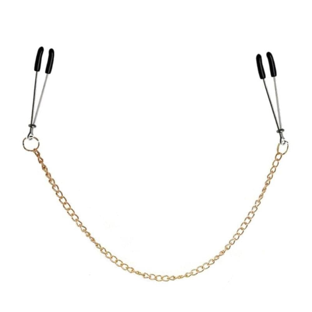 This is an image of Gold Chained Tweezer Nipple Clamps with an adjustable ring for intensity.