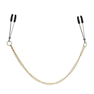 This is an image of Gold Chained Tweezer Nipple Clamps with an adjustable ring for intensity.
