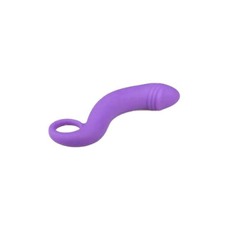 This is an image of a 5.3-inch purple dildo with a handle ring for versatile use and discreet carrying convenience.