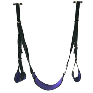Displaying an image of Purple Leg Spreader Sex Swing showcasing adjustable straps and sturdy metal rods for comfort and stability.