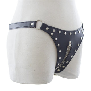 This is an image of Studded Leather Chastity Panty, designed with adjustable waistline and sleek G-string strap for comfort and style.