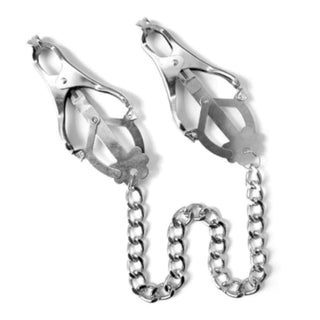 Displaying an image of Chained Silver Butterfly Nipple Clamps with a self-tightening mechanism for controlled sensation intensity.