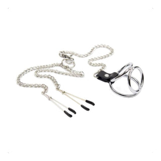 Stainless Metal Cock and Ball Ring With Nipple Clamps - A bondage accessory combining pleasure and pain.