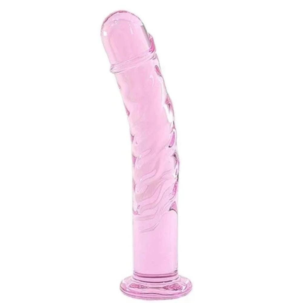 Feast your eyes on an image of Glassy Bestie Crystal Pink Dildo Anal Sex Toy Female, featuring a curved head for targeted stimulation and raised veins along the shaft.