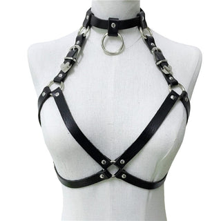 Black vegan leather harness with stainless steel rings and collar