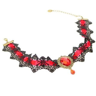 This is an image of Rhinestone-Encrusted Sexy Lace Choker in vibrant red color for a bold and elegant look.