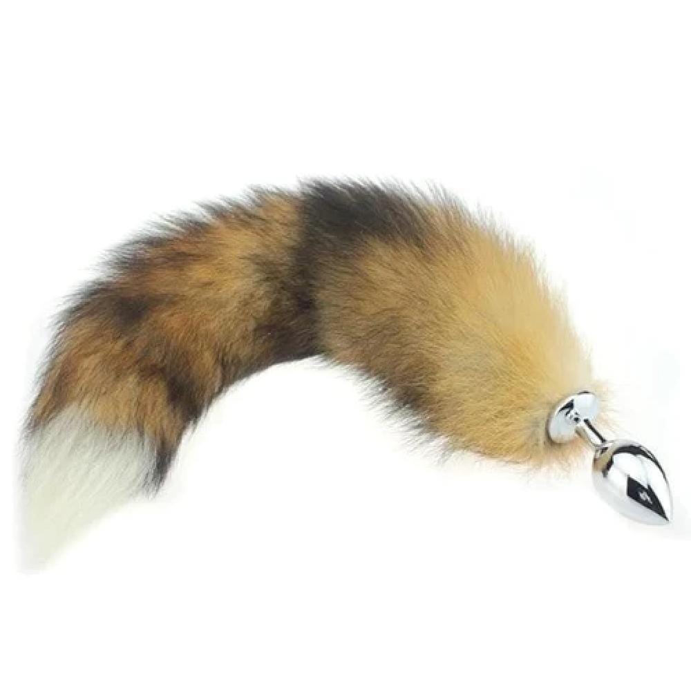 This is an image of Brown Faux Fur Metallic Cat Tail Fox Tail Plug with Gold Teardrop Plug, 15 Inches Long