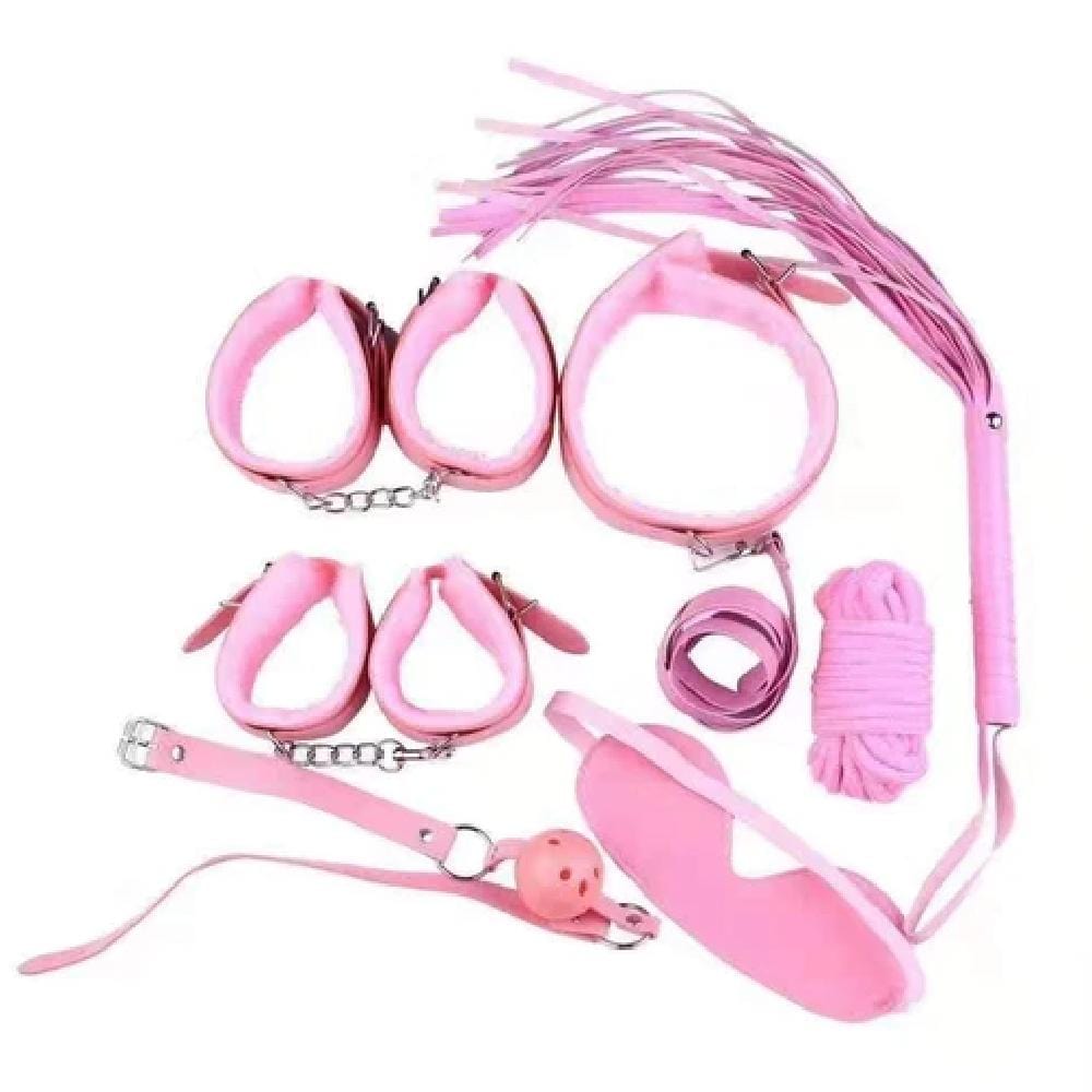 Featuring an image of Please and Tease 7-Piece BDSM Gear Set in Purple with Leather and Rope Bondage Restraints