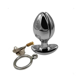 Displaying an image of Dilate and Incarcerate Metal Locking Butt Plug, with an insertable length of 1.18 inches and a full length of 3.39 inches.