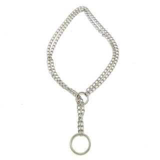 A visual of the Iron Dual Chain Collar, with adjustable length between 11.81 inches to 15.75 inches, emphasizing its comfort and durability.