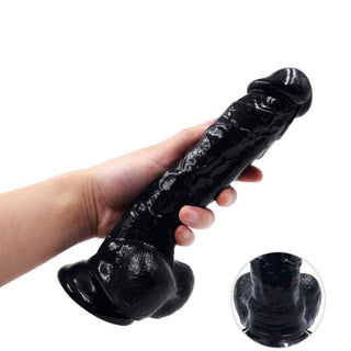 Black dildo with an insertable length of 7.9 inches and a diameter of 1.7 inches.