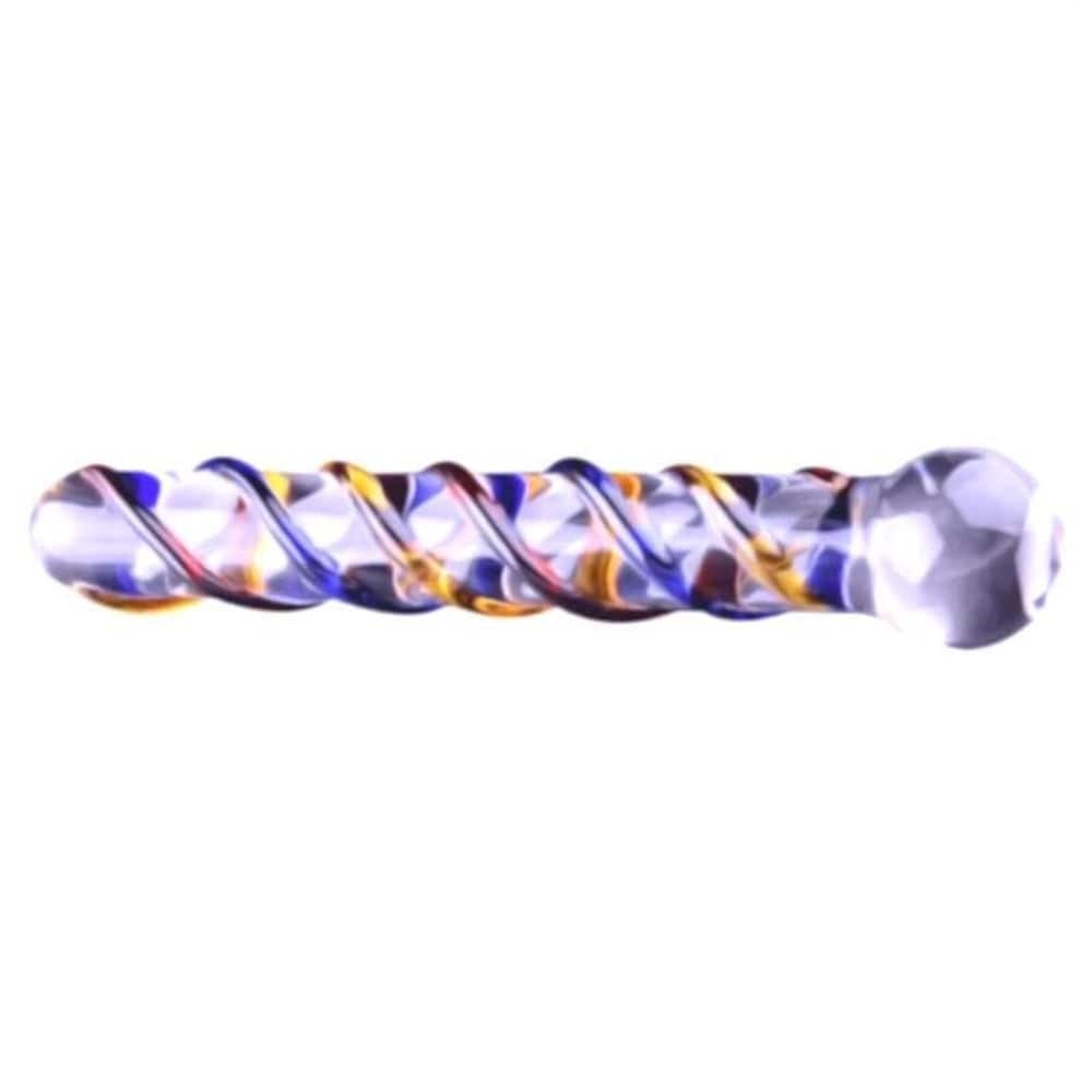 A crystal-clear glass dildo image with prismatic colors and hypoallergenic material for safe and satisfying play.