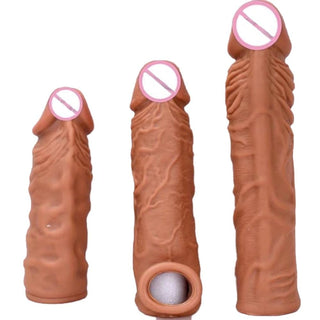 This is an image of Realistic Double Lock Penis Sleeve Extender featuring lifelike texture, body-safe silicone material, and detailed dimensions for enhanced pleasure.
