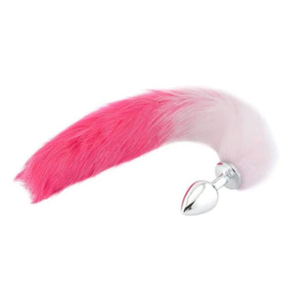 This is an image of Sexy White and Pink Cat Stainless Steel Fox Tail Plug 18 Inches Long, highlighting the thoughtful design of the 18-inch tail made from high-quality faux fur and the stainless steel plug available in small, medium, and large sizes for a tailored fit.