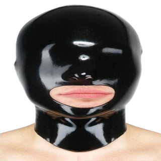 This is an image of Sissified Slave Latex Mask in black latex material, designed for bondage play.