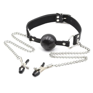 Dual-function bondage tool with mouth gag and nipple clamps in black and silver colors.
