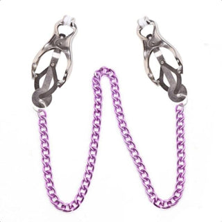 Clover nipple clamps connected by a charming purple metal chain for heightened pleasure