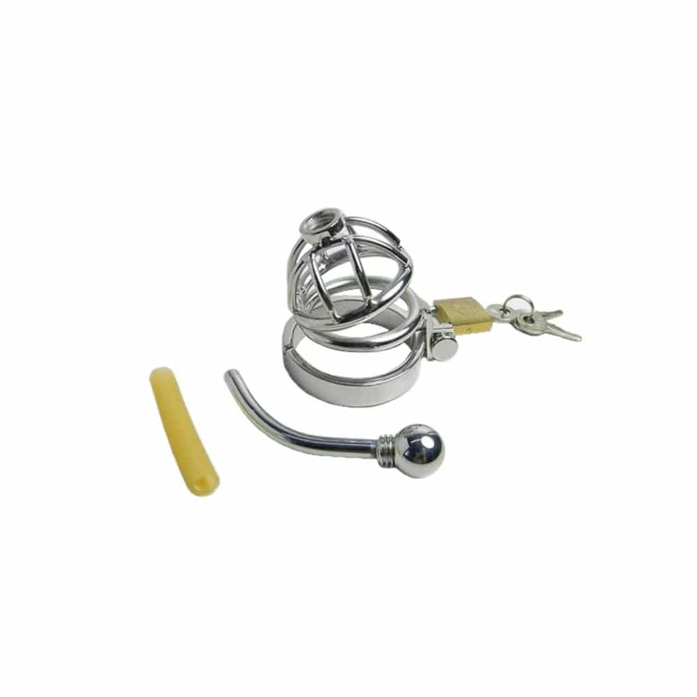 This is an image of a small stainless steel cage designed for male chastity, offering security and durability for a unique intimate experience.