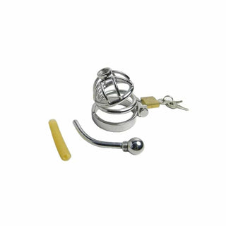 This is an image of a small stainless steel cage designed for male chastity, offering security and durability for a unique intimate experience.