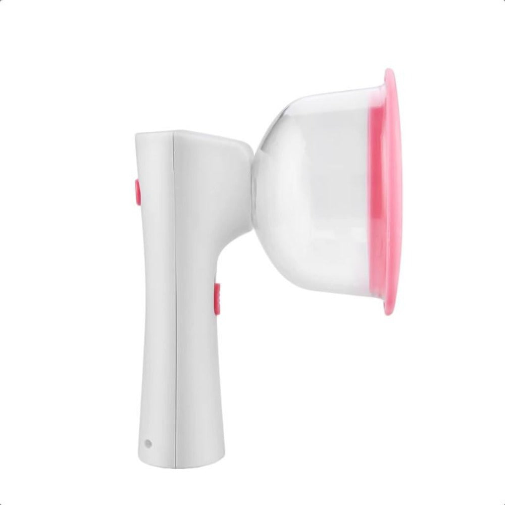 This is an image of Perfect Fit Vibrator Portable Vacuum BDSM Sucker in clear/pink and gray colors.