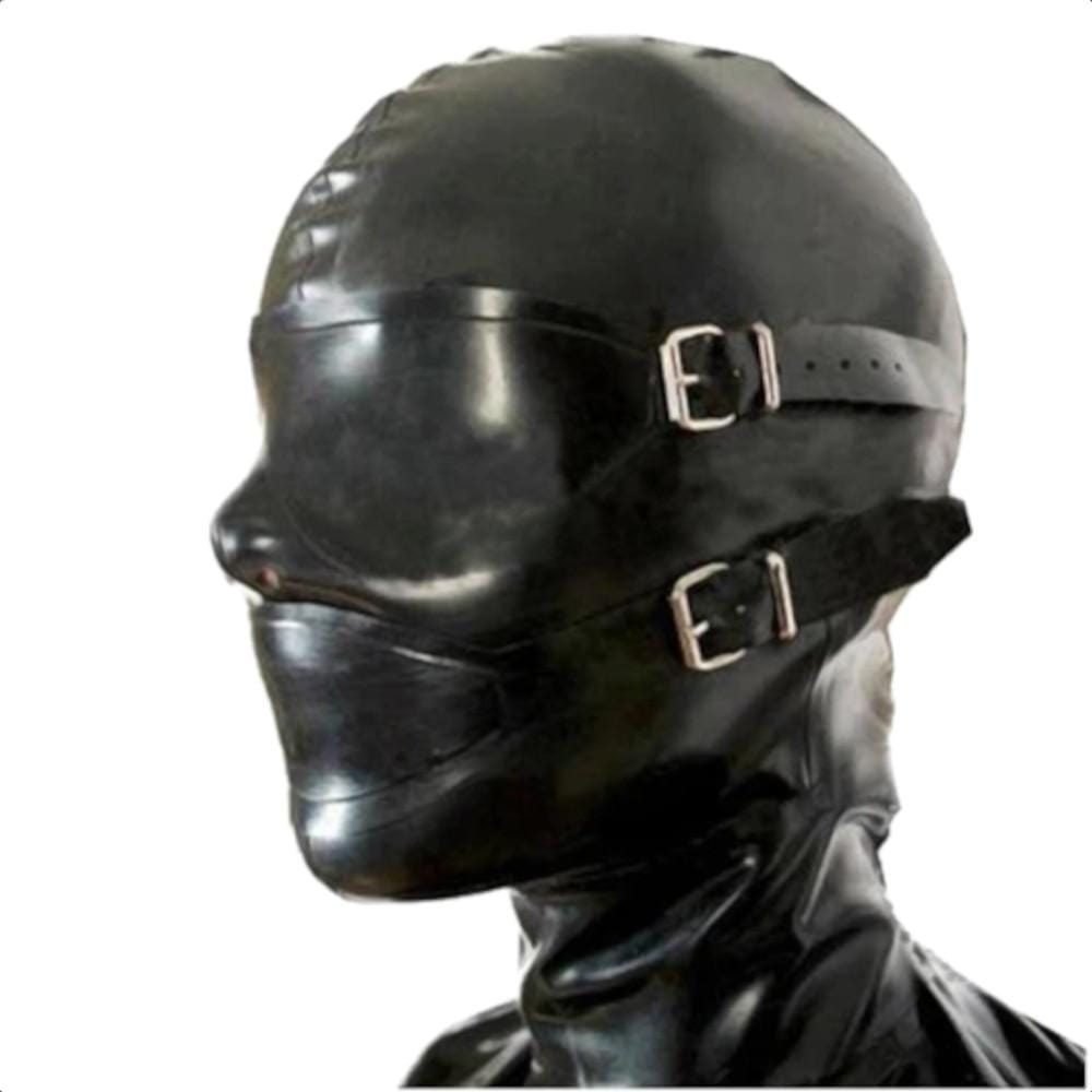 Featuring an image of Cum Slut Latex Bondage Rubber hood with detachable blindfold and mouth cover for sensory deprivation play.