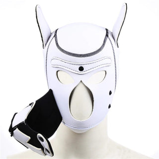 This is an image of Comfy White Puppy Play Hood Bondage, emphasizing comfort and safety with a neoprene material.