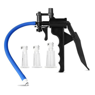 Here is an image of Trigger Happy Stimulator Boob Toys Nipple Enlarger Vacuum Suction Pump showing three detachable suckers for versatile use.