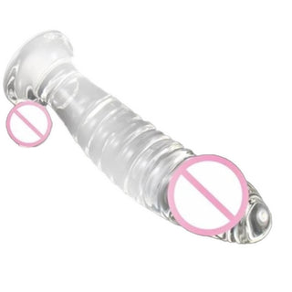 This is an image of the 7.36 inch length and 1.57 inch width Clear Masturbation Crystal Curved Glass Dildo for robust stimulation.