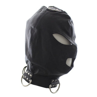 Picture of Slave Punishment Hood featuring eye and nose holes for breathability and D-rings for leash attachment.