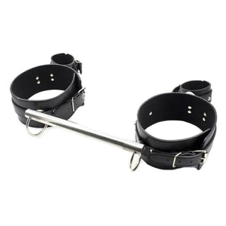 Black and silver Leather Thigh Toy Bar Spreader designed for varied body sizes, featuring rust-proof stainless steel components.